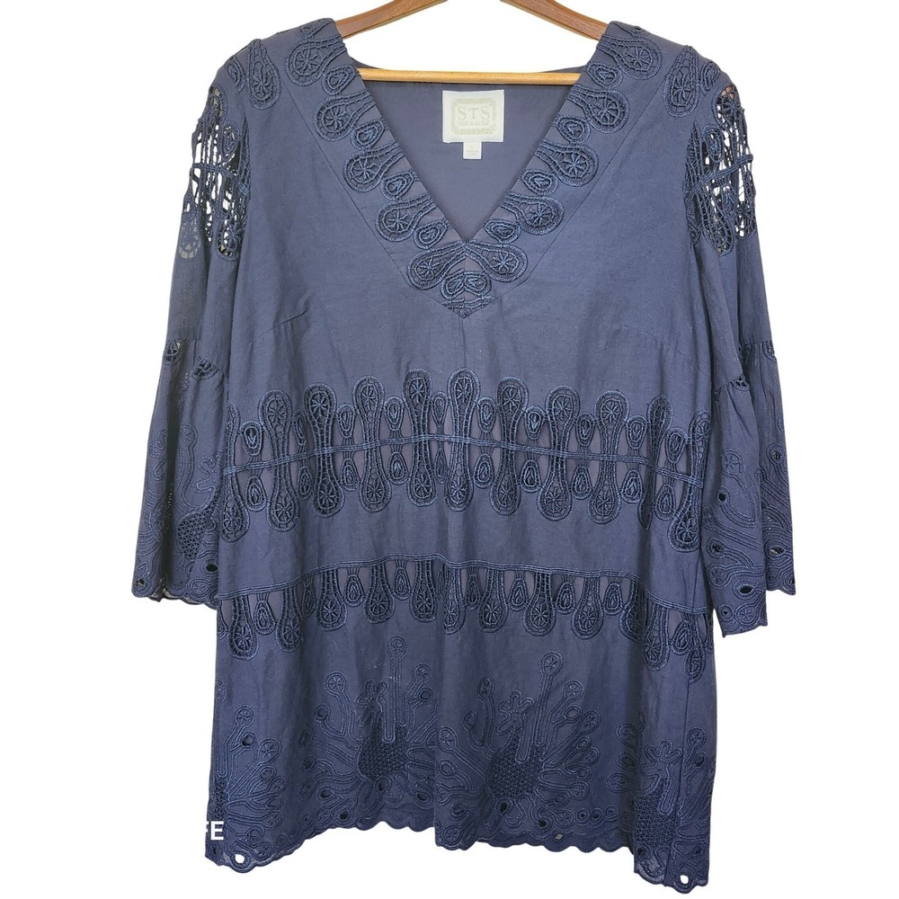 Sail to Sable STS Navy Blue Eyelet Lace Bell Sleeve Tunic Top Large Coastal Boho